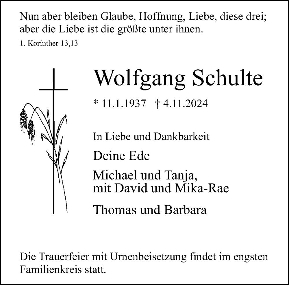  Traueranzeige für Wolfgang Schulte vom 09.11.2024 aus Neue Westfälische