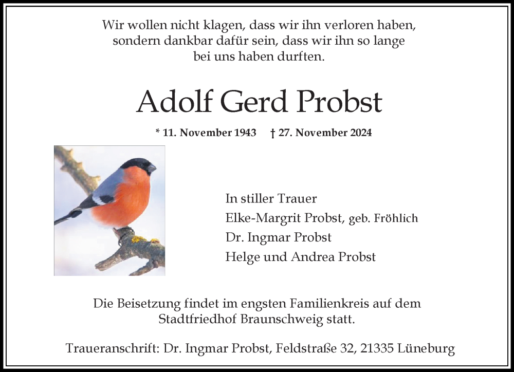  Traueranzeige für Adolf Gerd Probst vom 07.12.2024 aus Neue Westfälische
