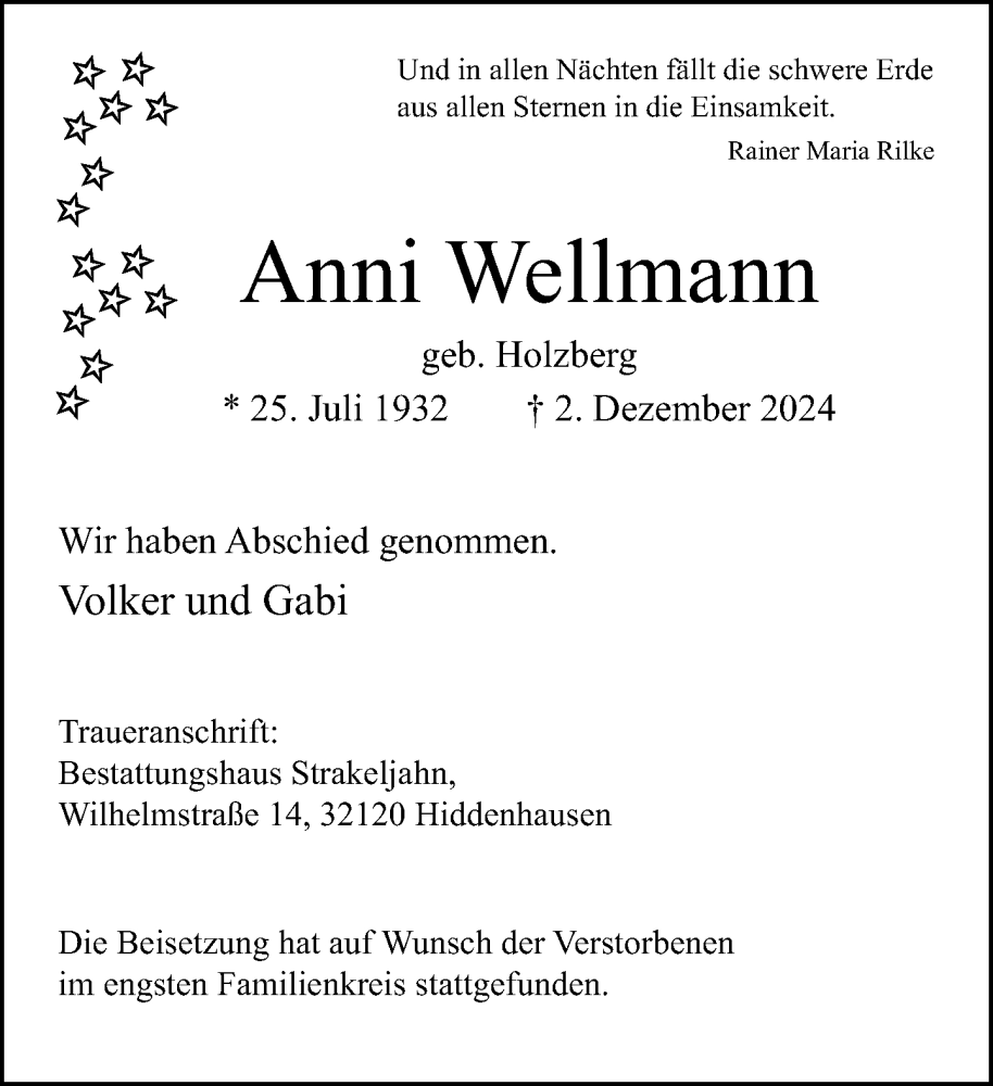  Traueranzeige für Anni Wellmann vom 07.12.2024 aus Neue Westfälische