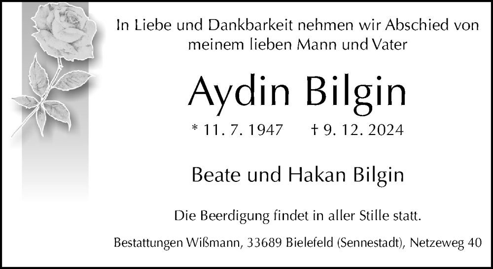  Traueranzeige für Aydin Bilgin vom 14.12.2024 aus Neue Westfälische