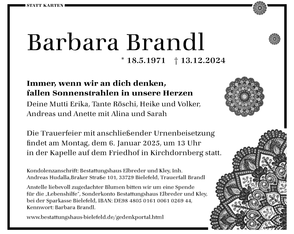  Traueranzeige für Barbara Brandl vom 21.12.2024 aus Neue Westfälische