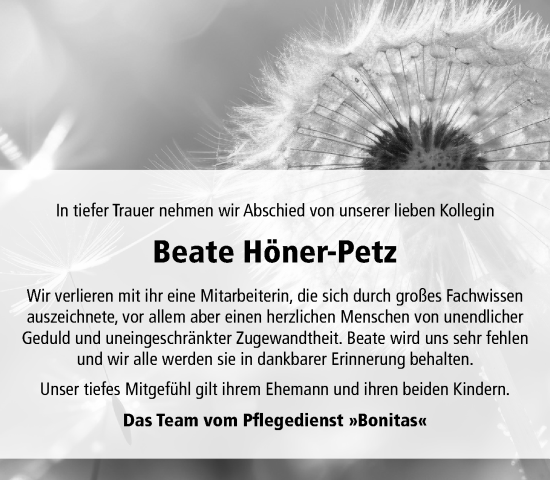 Traueranzeige von Beate Höner-Petz von Neue Westfälische