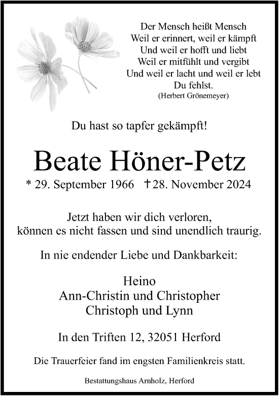 Traueranzeige von Beate Höner-Petz von Neue Westfälische