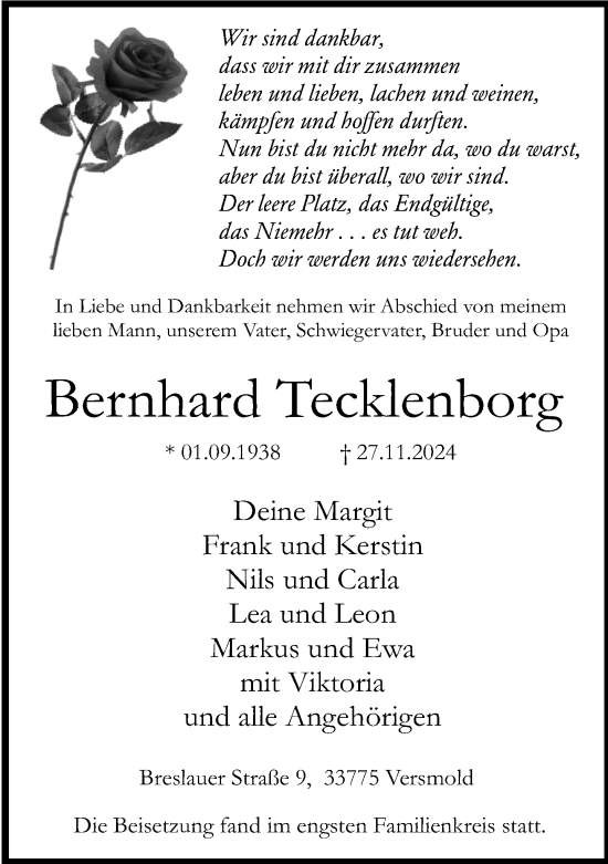 Traueranzeige von Bernhard Tecklenborg von Neue Westfälische