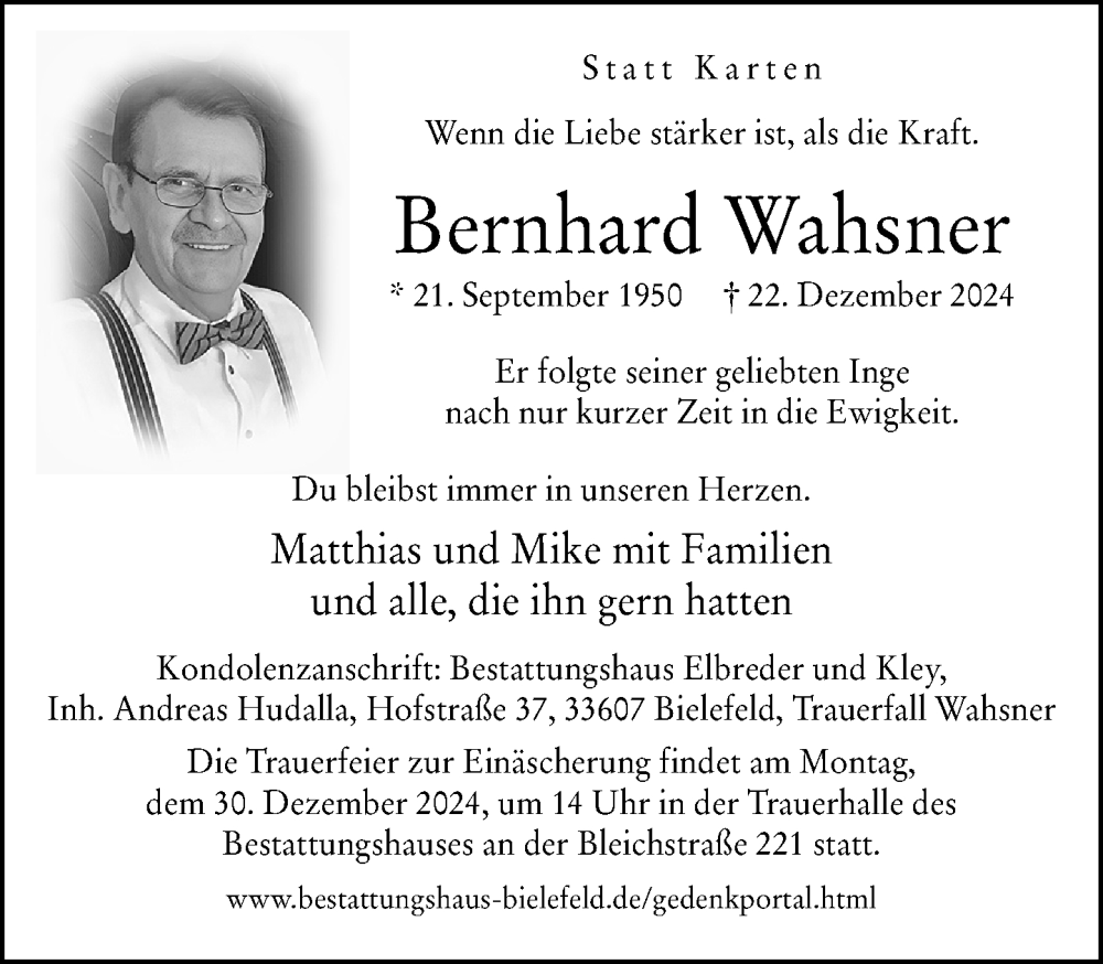  Traueranzeige für Bernhard Wahsner vom 28.12.2024 aus Neue Westfälische