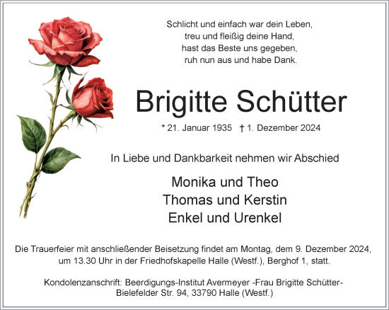 Traueranzeige von Brigitte Schütter von Neue Westfälische