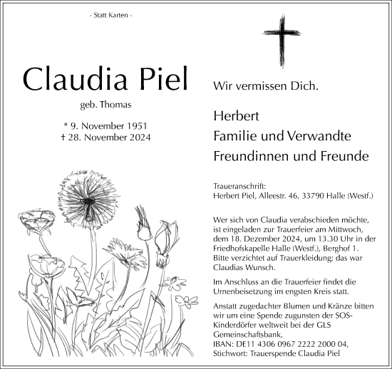 Traueranzeige von Claudia Piel von Neue Westfälische