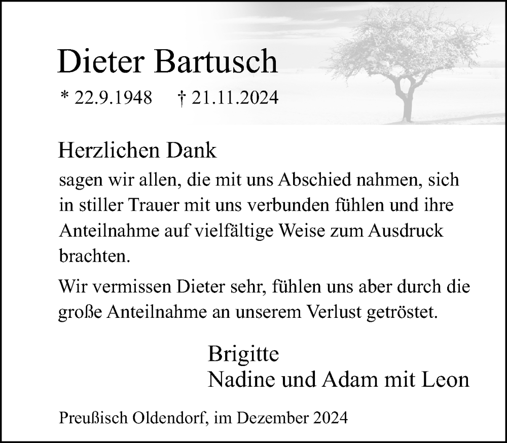  Traueranzeige für Dieter Bartusch vom 14.12.2024 aus Neue Westfälische