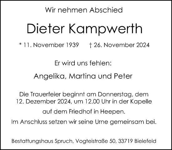 Traueranzeige von Dieter Kampwerth von Neue Westfälische