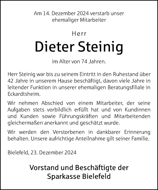 Traueranzeige von Dieter Steinig von Neue Westfälische