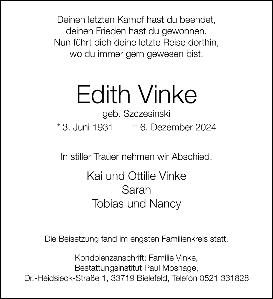  Traueranzeige für Edith Vinke vom 21.12.2024 aus Neue Westfälische