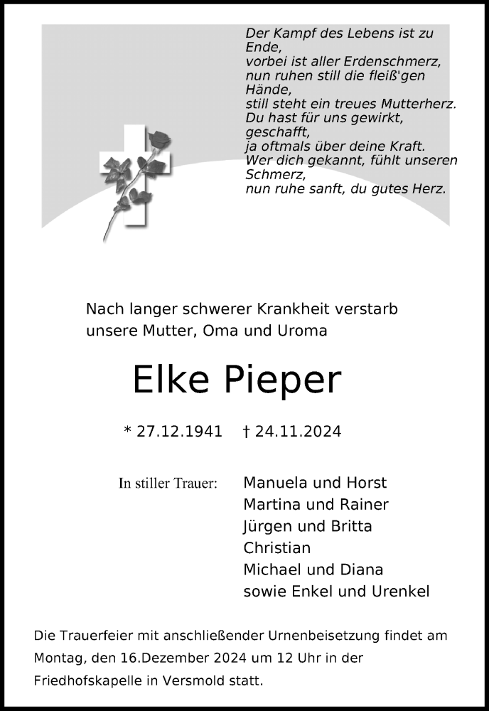  Traueranzeige für Elke Pieper vom 07.12.2024 aus Neue Westfälische