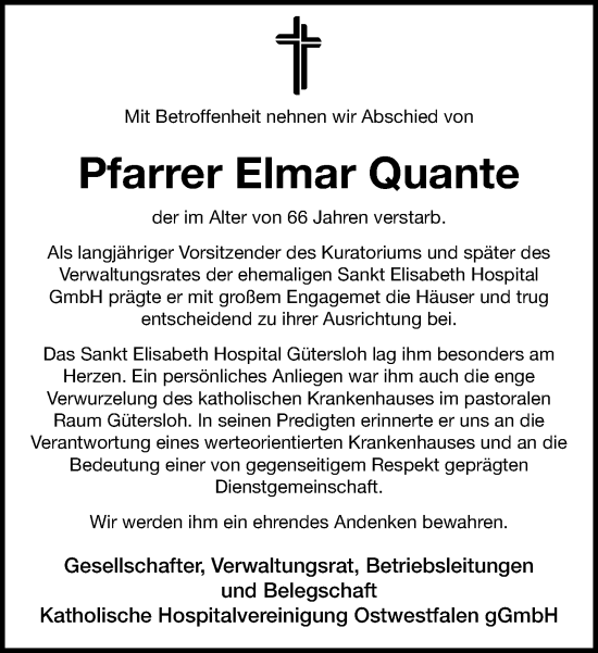 Traueranzeige von Elmar Quante von Neue Westfälische