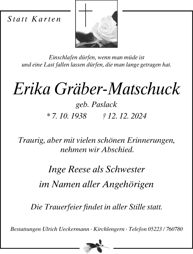  Traueranzeige für Erika Gräber-Matschuck vom 21.12.2024 aus Neue Westfälische