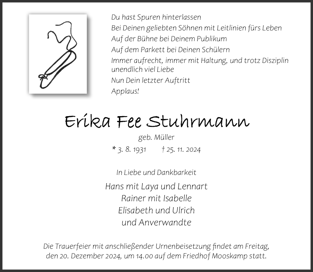  Traueranzeige für Erika Fee Stuhrmann vom 07.12.2024 aus Neue Westfälische