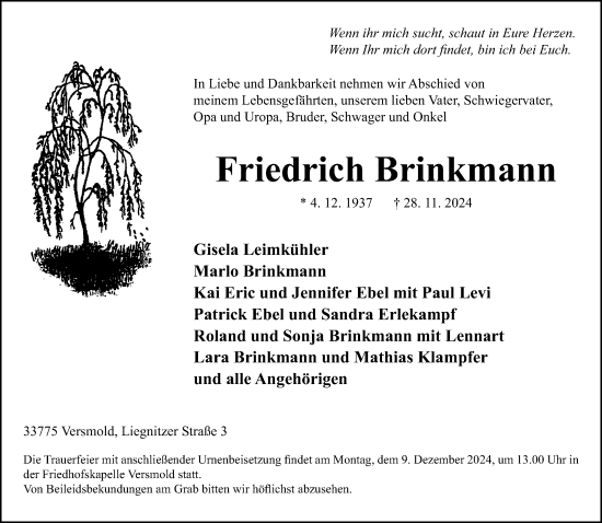 Traueranzeige von Friedrich Brinkmann von Neue Westfälische