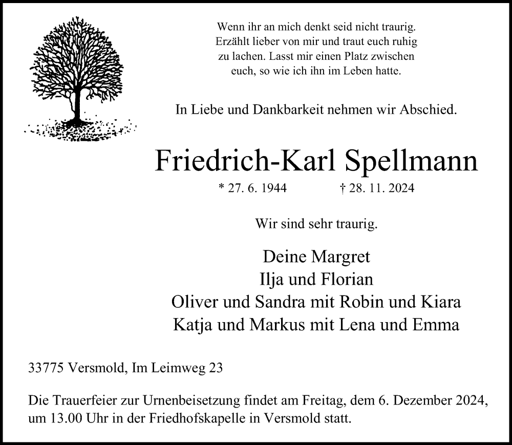  Traueranzeige für Friedrich-Karl Spellmann vom 02.12.2024 aus Neue Westfälische