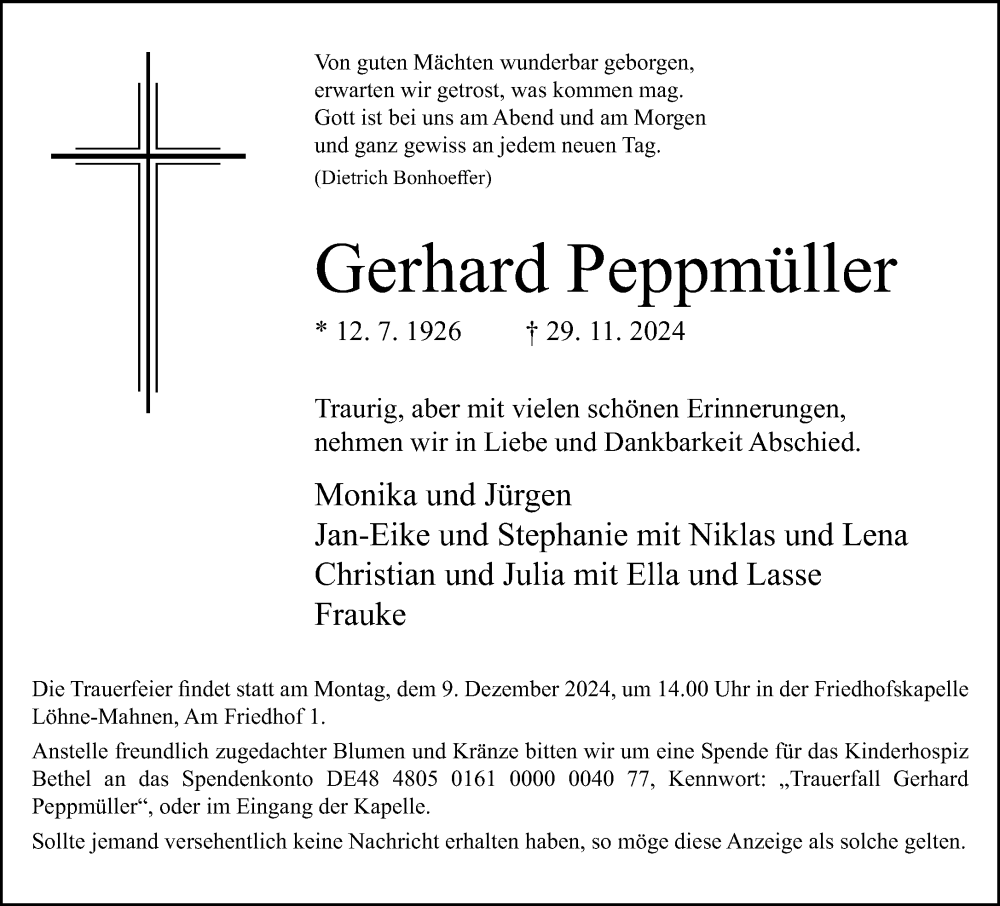  Traueranzeige für Gerhard Peppmüller vom 04.12.2024 aus Neue Westfälische