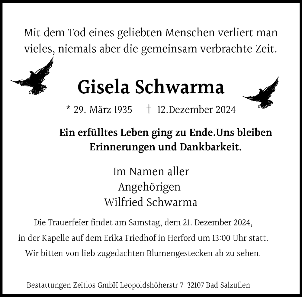 Traueranzeige für Gisela Schwarma vom 18.12.2024 aus Neue Westfälische