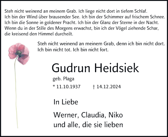 Traueranzeige von Gudrun Heidsiek von Neue Westfälische