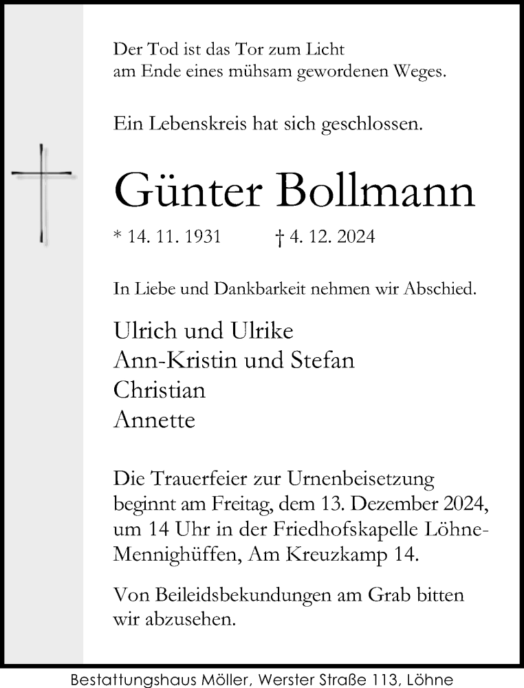  Traueranzeige für Günter Bollmann vom 07.12.2024 aus Neue Westfälische