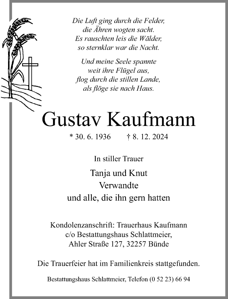  Traueranzeige für Gustav Kaufmann vom 18.12.2024 aus Neue Westfälische