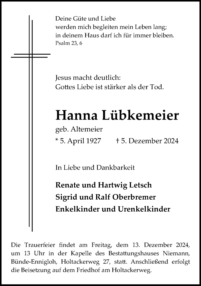  Traueranzeige für Hanna Lübkemeier vom 10.12.2024 aus Neue Westfälische