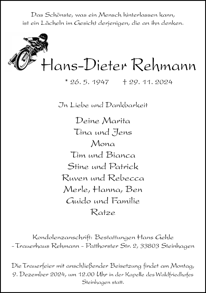  Traueranzeige für Hans-Dieter Rehmann vom 04.12.2024 aus Neue Westfälische