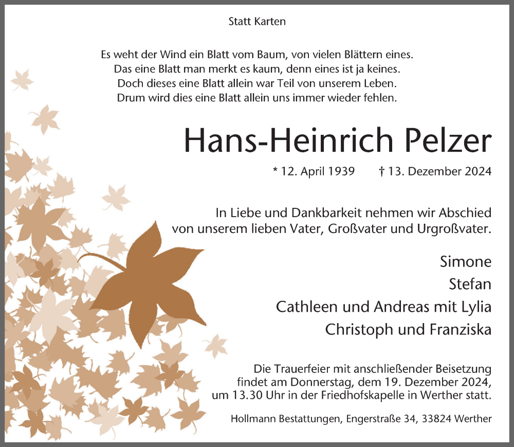  Traueranzeige für Hans-Heinrich Pelzer vom 17.12.2024 aus Neue Westfälische