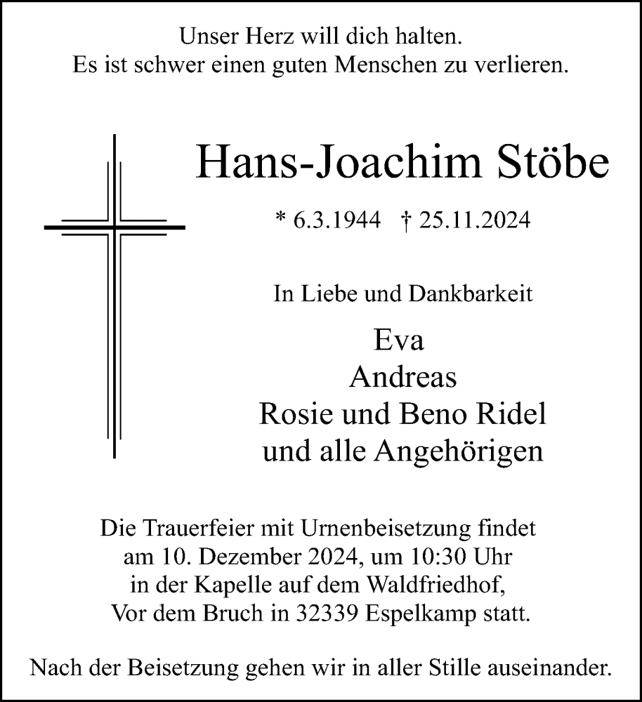 Traueranzeige für Hans-Joachim Stöbe vom 03.12.2024 aus Neue Westfälische