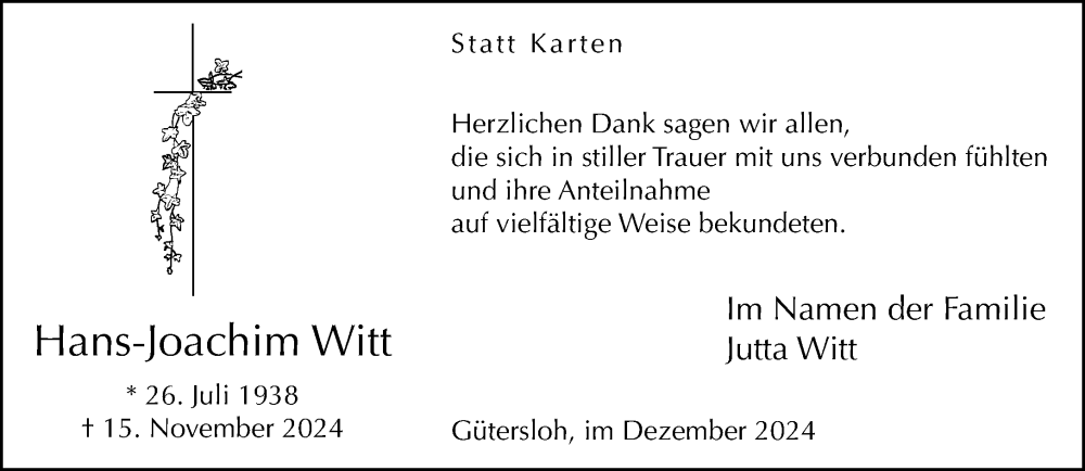  Traueranzeige für Hans-Joachim Witt vom 14.12.2024 aus Neue Westfälische