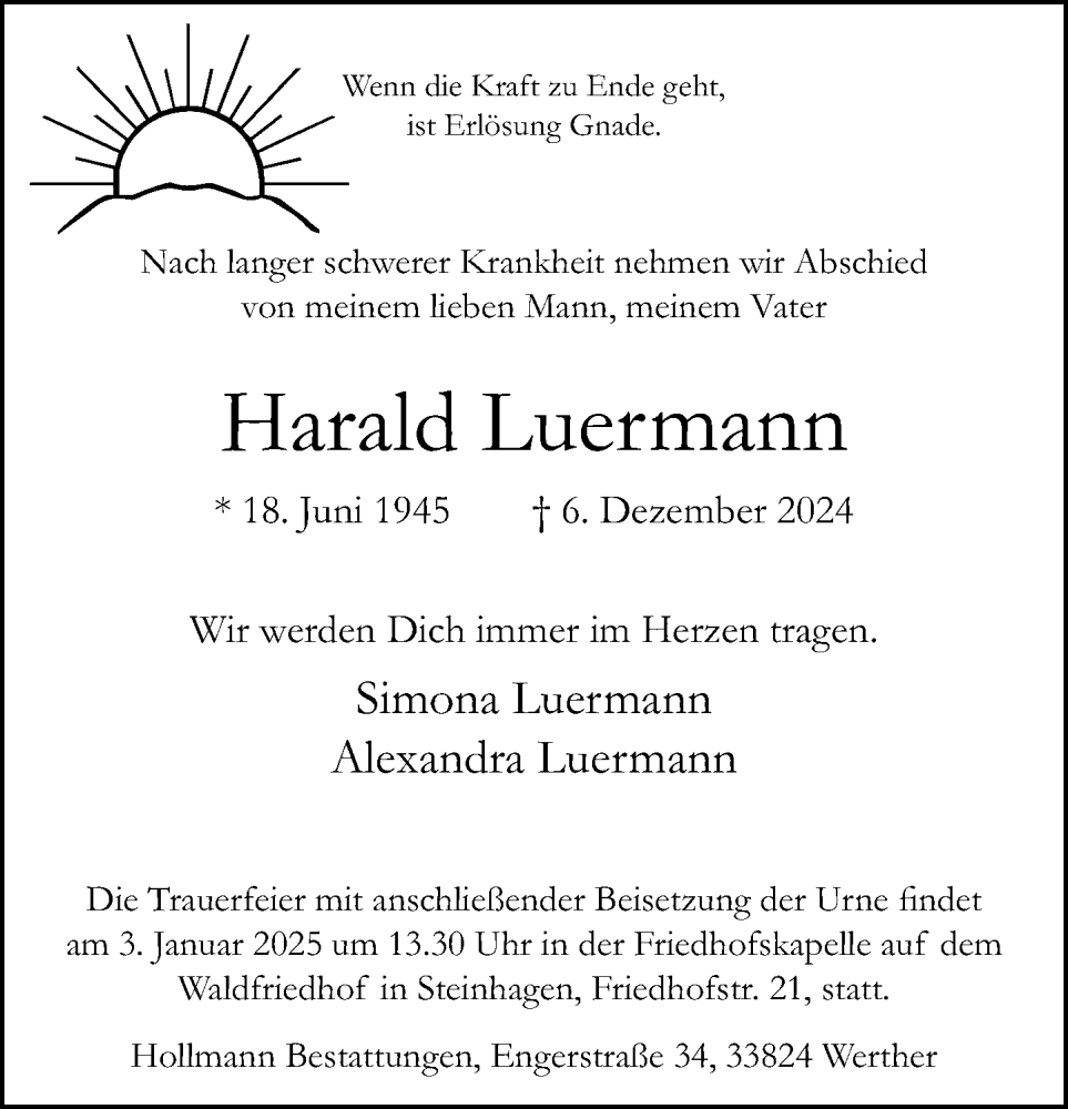  Traueranzeige für Harald Luermann vom 14.12.2024 aus Neue Westfälische