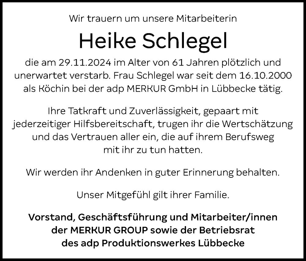  Traueranzeige für Heike Schlegel vom 19.12.2024 aus Neue Westfälische