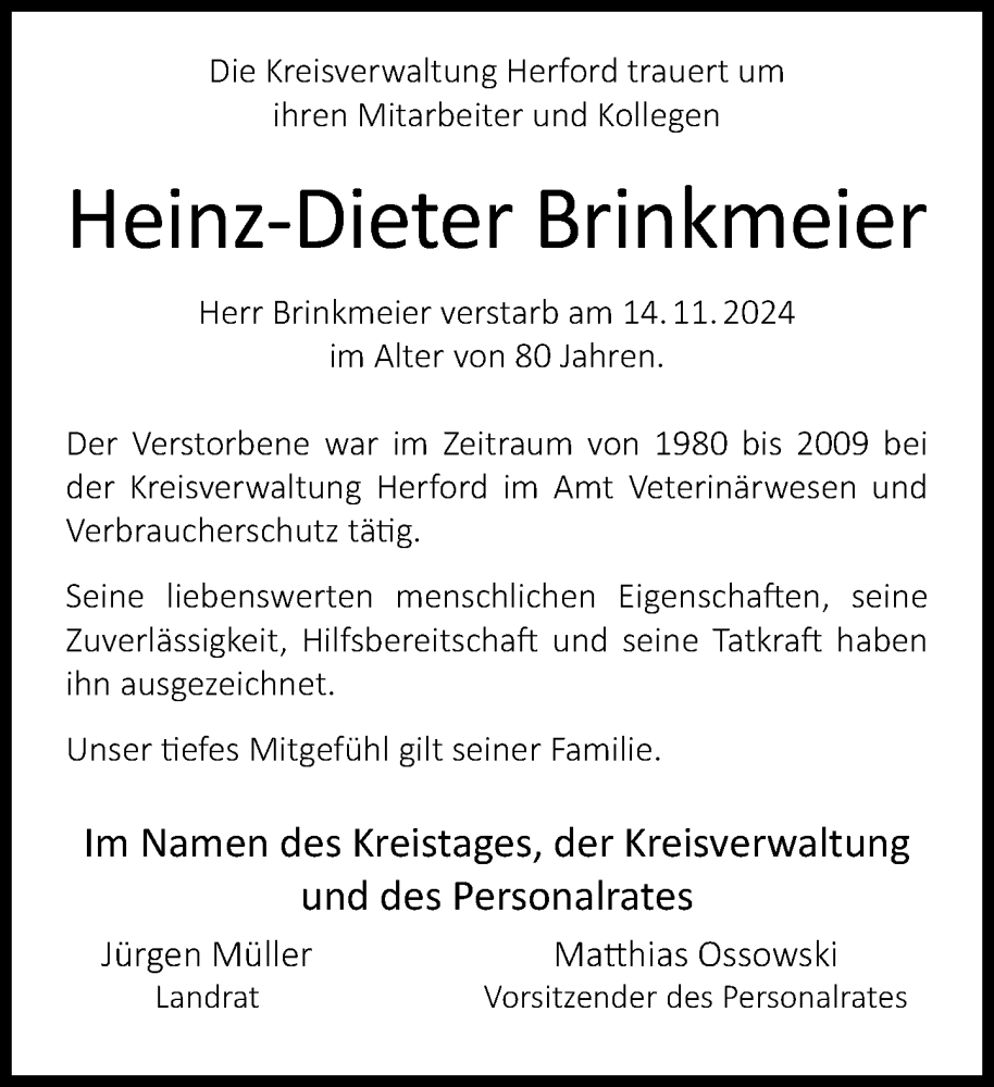  Traueranzeige für Heinz-Dieter Brinkmeier vom 10.12.2024 aus Neue Westfälische