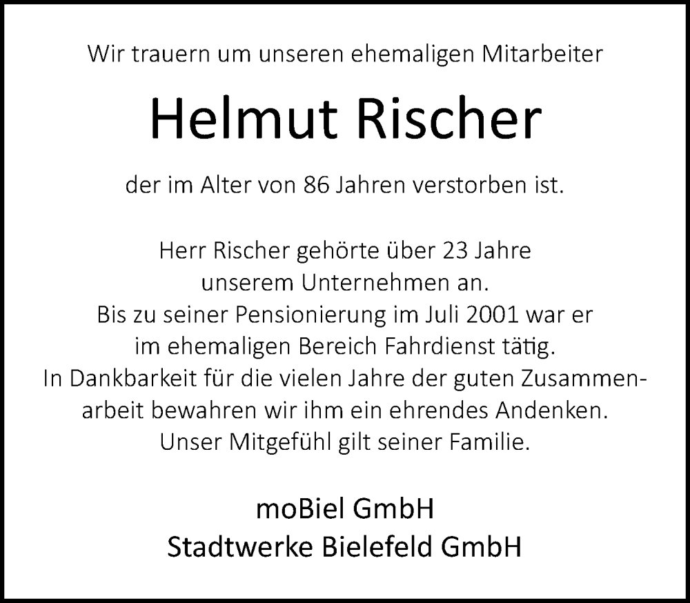  Traueranzeige für Helmut Rischer vom 23.12.2024 aus Neue Westfälische