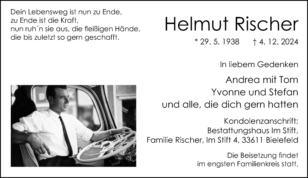  Traueranzeige für Helmut Rischer vom 07.12.2024 aus Neue Westfälische
