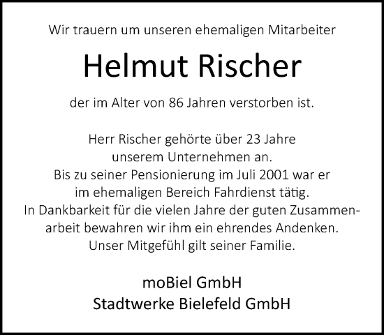 Traueranzeige von Helmut Rischer von Neue Westfälische