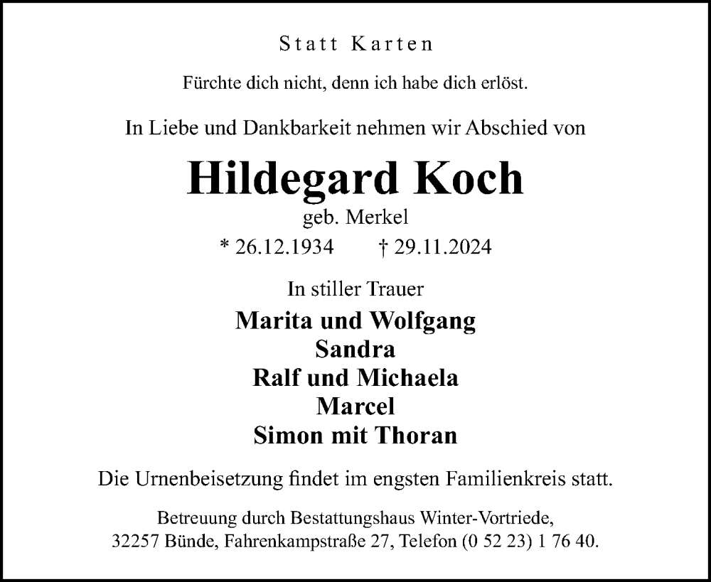  Traueranzeige für Hildegard Koch vom 04.12.2024 aus Neue Westfälische