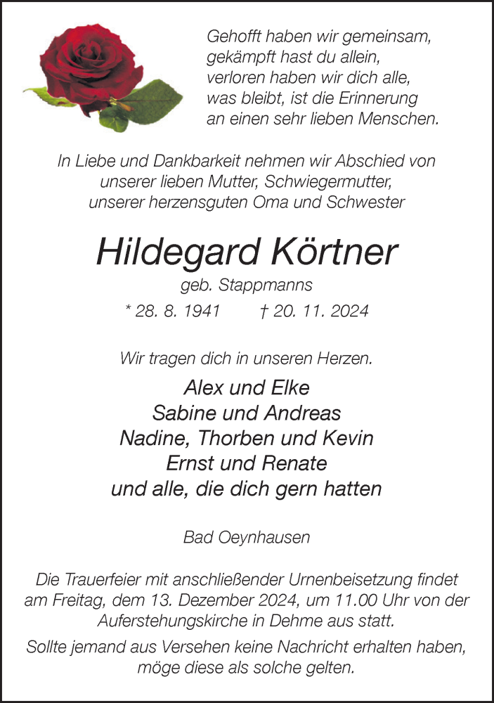  Traueranzeige für Hildegard Körtner vom 07.12.2024 aus Neue Westfälische