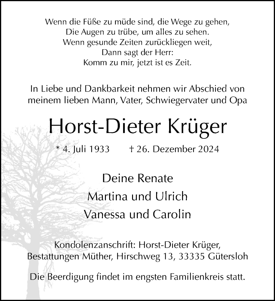  Traueranzeige für Horst-Dieter Krüger vom 31.12.2024 aus Neue Westfälische