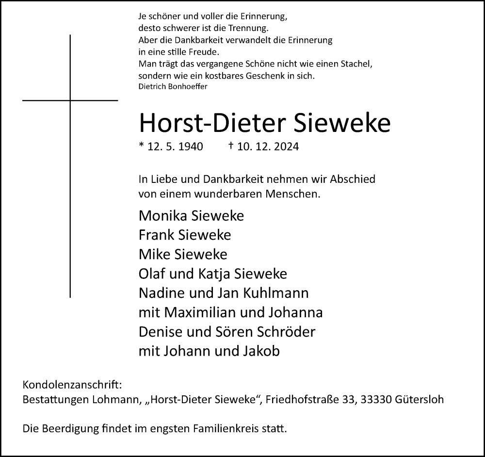  Traueranzeige für Horst-Dieter Sieweke vom 13.12.2024 aus Neue Westfälische