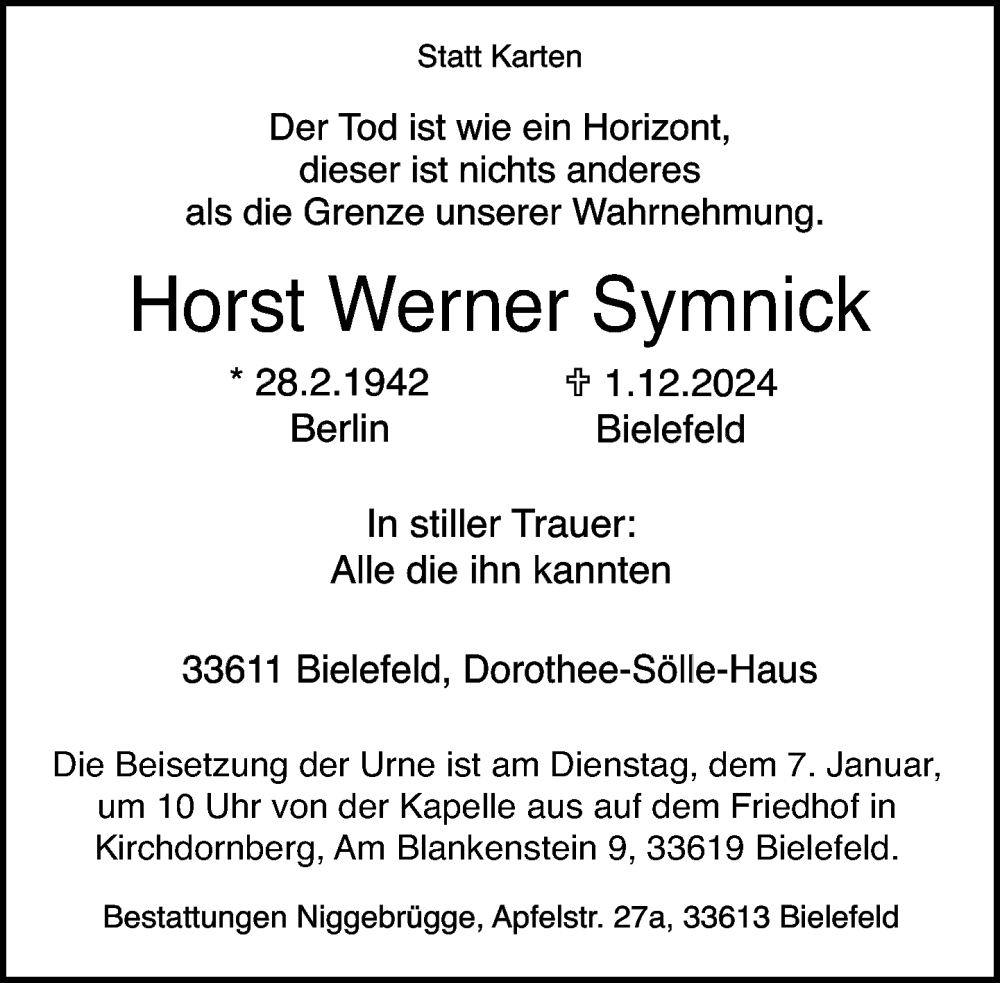  Traueranzeige für Horst Werner Symnick vom 21.12.2024 aus Neue Westfälische