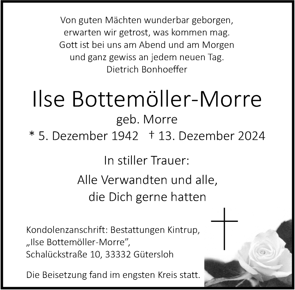  Traueranzeige für Ilse Bottemöller-Morre vom 21.12.2024 aus Neue Westfälische