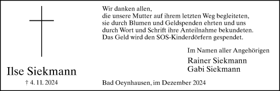 Traueranzeige von Ilse Siekmann von Neue Westfälische
