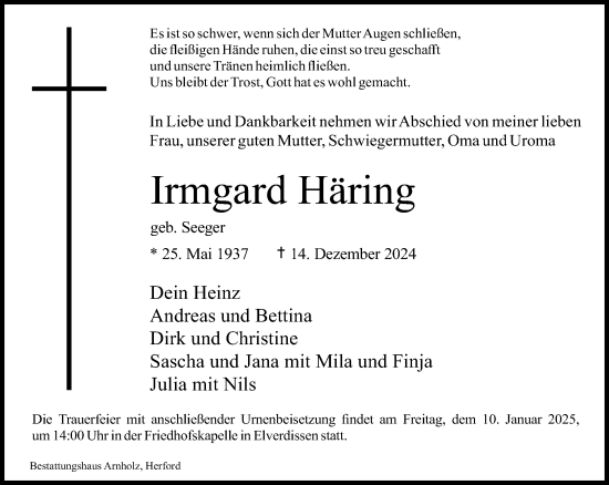 Traueranzeige von Irmgard Häring von Neue Westfälische