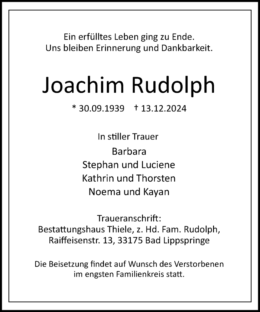  Traueranzeige für Joachim Rudolph vom 21.12.2024 aus Neue Westfälische