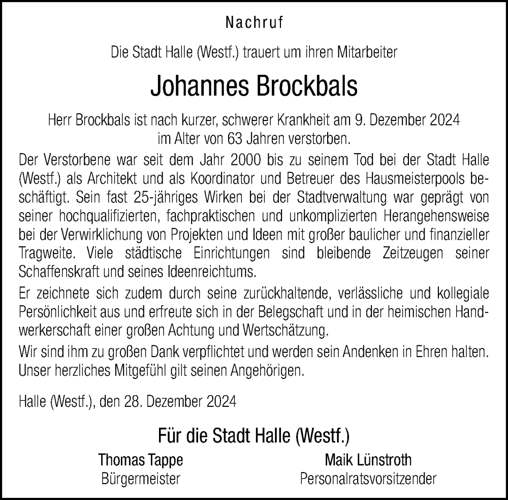  Traueranzeige für Johannes Brockbals vom 28.12.2024 aus Neue Westfälische