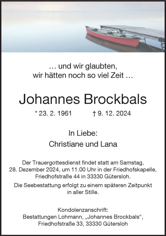  Traueranzeige für Johannes Brockbals vom 21.12.2024 aus Neue Westfälische