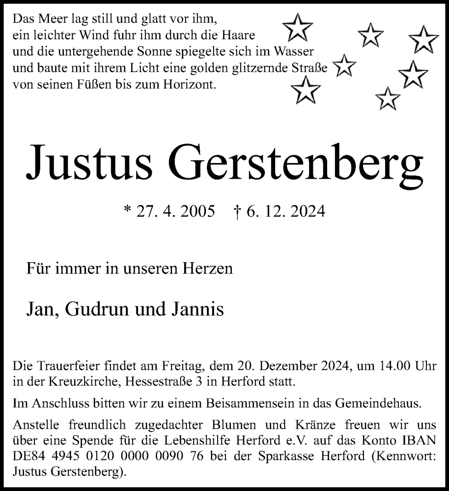  Traueranzeige für Justus Gerstenberg vom 14.12.2024 aus Neue Westfälische
