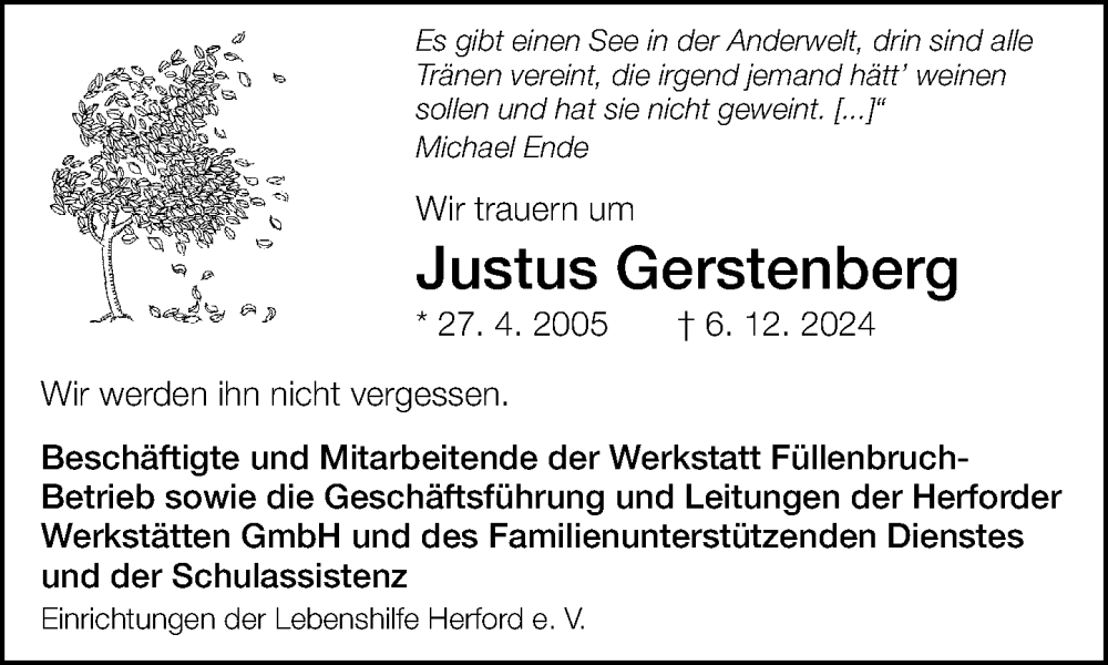  Traueranzeige für Justus Gerstenberg vom 23.12.2024 aus Neue Westfälische